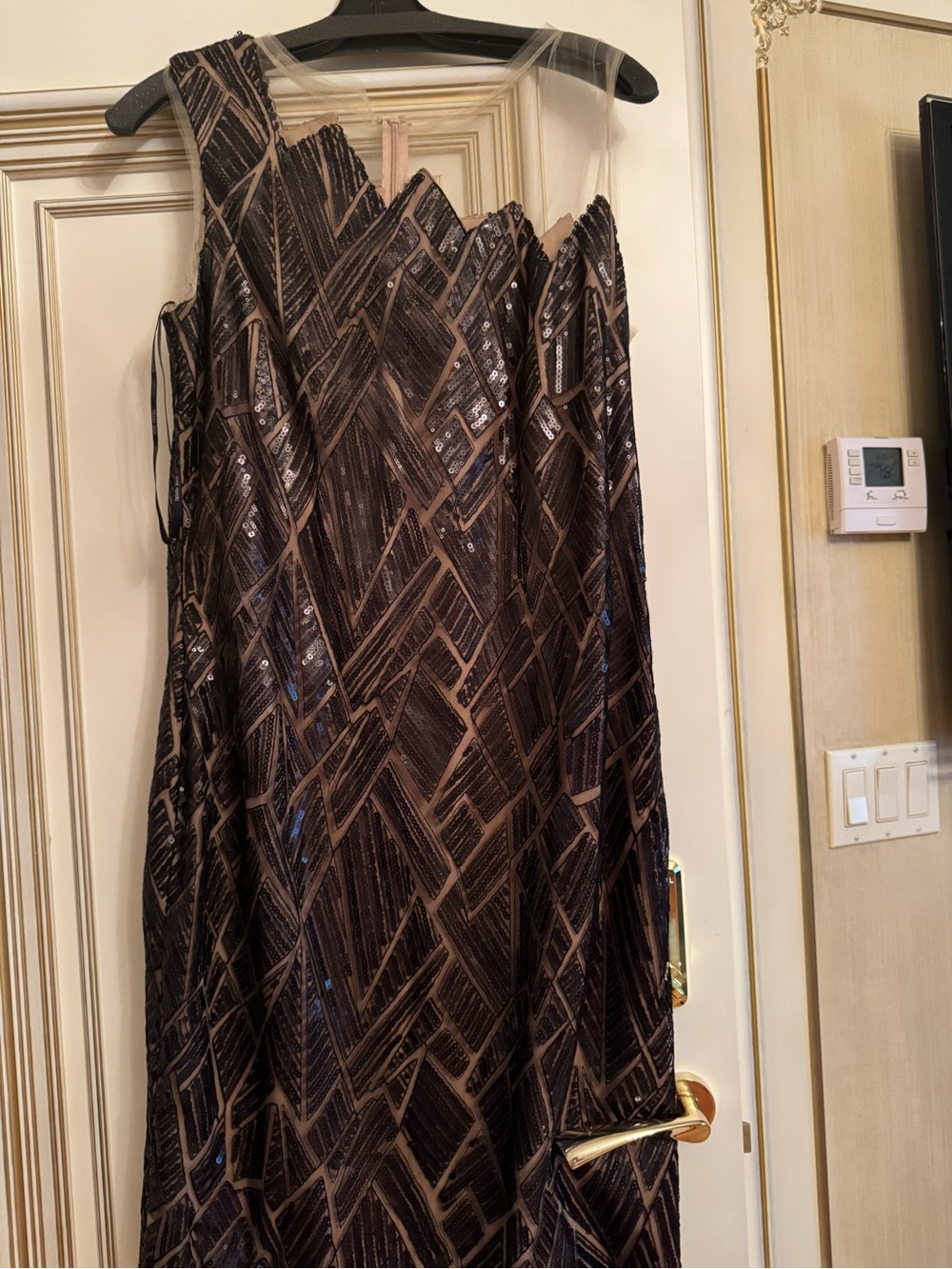 Tadashi Shoji Black and Nude Sequin Midi Dress